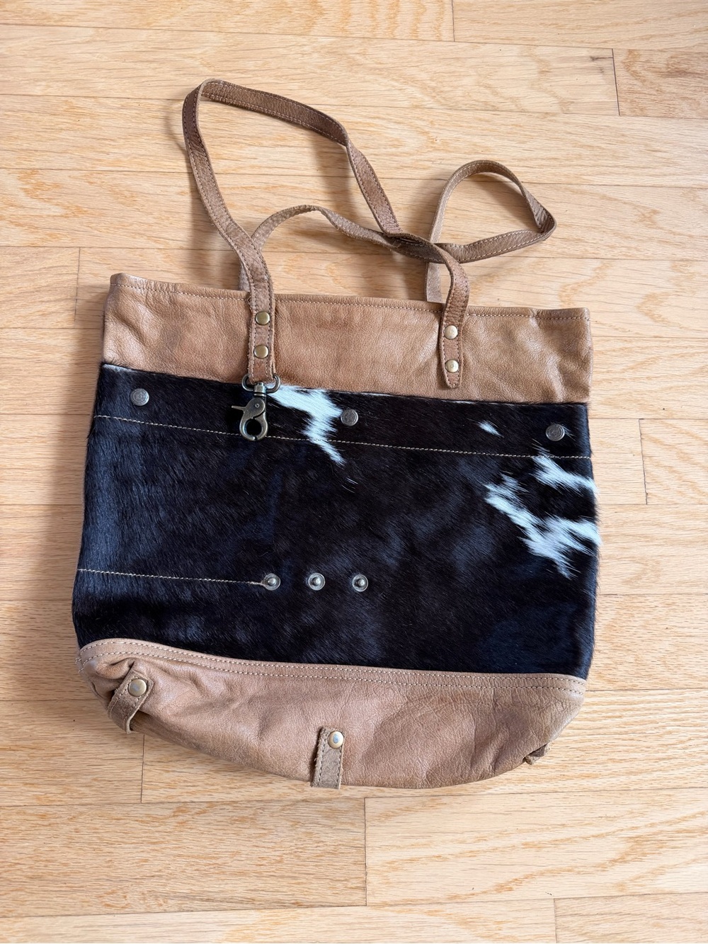 Myra Leather and Haircalf Tote Bag in Tan and Black